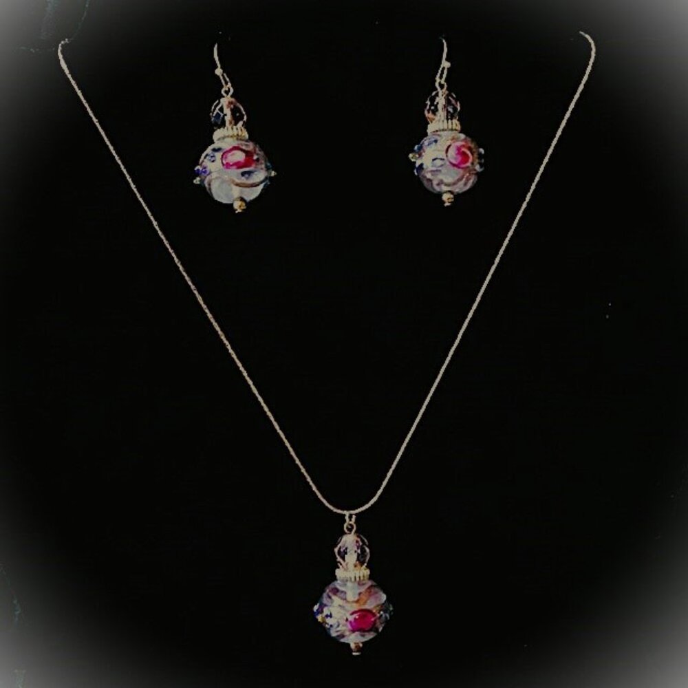 Vintage Venetian Wedding Cake Glass Bead & Crystal Necklace/Matchings Earrings